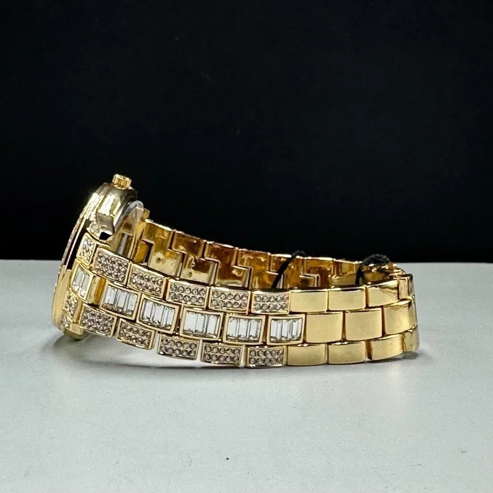 Techno Pave Watch Men Gold Tone Bling Iced Out Crystal Accents New Battery 9